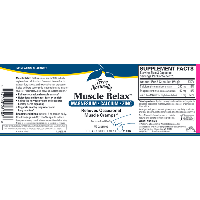 Terry Naturally, Muscle Relax 60 Capsules Supplement Facts Label