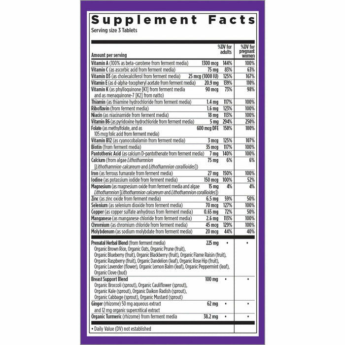 Advanced Perfect Prenatal MultiVitamin supplement facts label