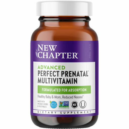 A bottle of New Chapter Advanced Perfect Prenatal Multivitamin with a purple label on a white background.