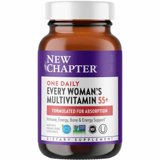 A bottle of New Chapter's Every Woman's One Daily 55+ Multivitamin supplement designed for women over 50.