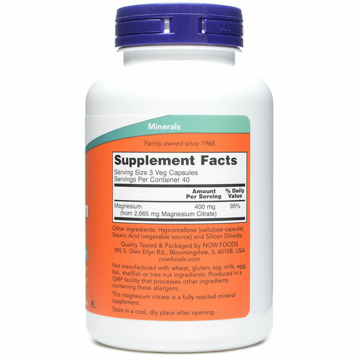 Magnesium Citrate 120 vcaps by NOW Supplement Facts Label
