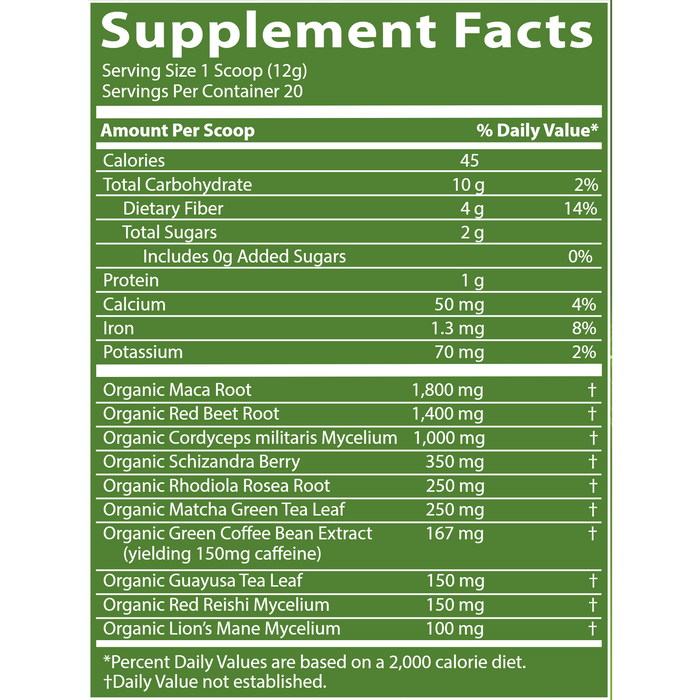 Metabolic Response Modifier, Organic Pre-Workout 240 g Supplement Facts Label
