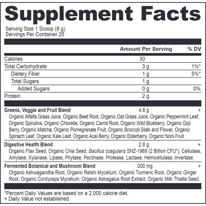 Ancient Nutrition, Organic SuperGreens Powder 25 Servings Greens Flavor Supplement Facts Label