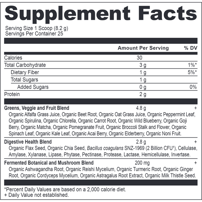 Ancient Nutrition, Organic SuperGreens Powder 25 Servings Mint Flavor Supplement Facts Label