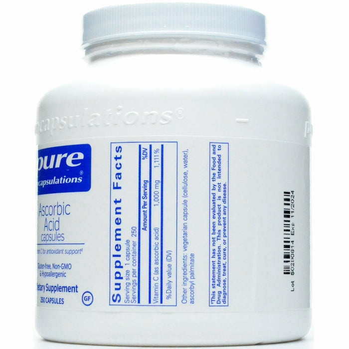 Pure Encapsulations, Ascorbic Acid 250 vcaps Supplement Facts