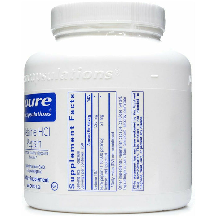 Betaine HCL Pepsin 250 caps by Pure Encapsulations Supplement Facts Label