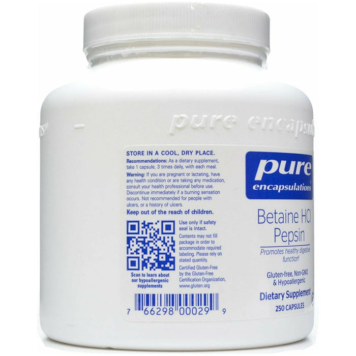 Betaine HCL Pepsin 250 caps by Pure Encapsulations Information Label