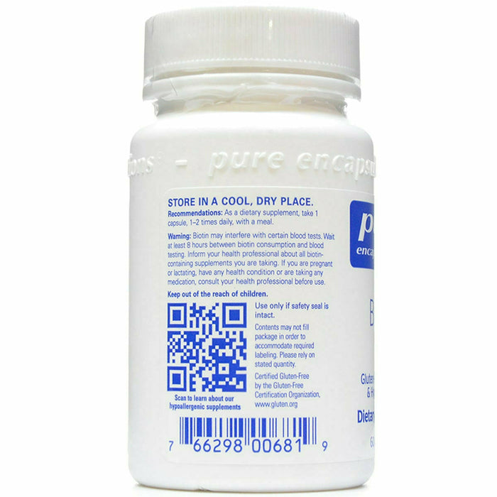 Pure Encapsulations, Biotin 8 mg 60 capsules Recommendations/Warning Label