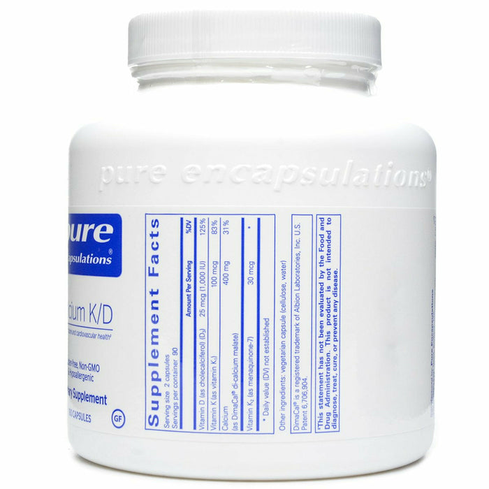 Calcium K/D 180 caps by Pure Encapsulations Supplement Facts Label