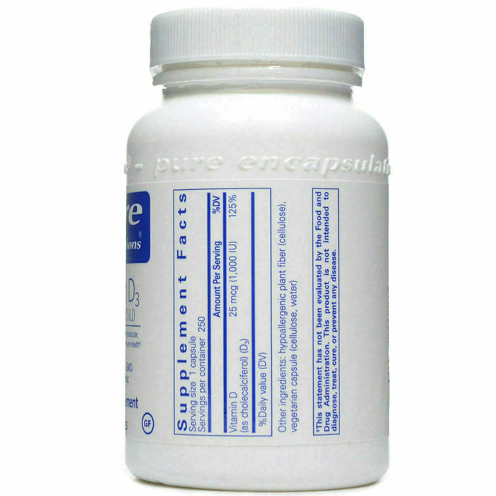 Pure Encapsulations, Vitamin D3 1000 IU 250 Capsules Supplement Facts Label