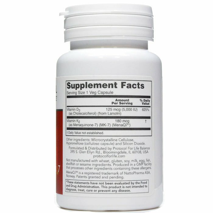 K2 MK-7 & D3 60 vcaps by Protocol For Life Balance Supplement Facts Label 