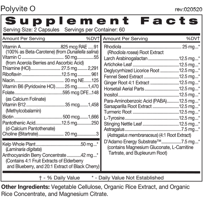 D'Adamo Personalized Nutrition, Polyvite O 120 Capsules Supplement Facts Label