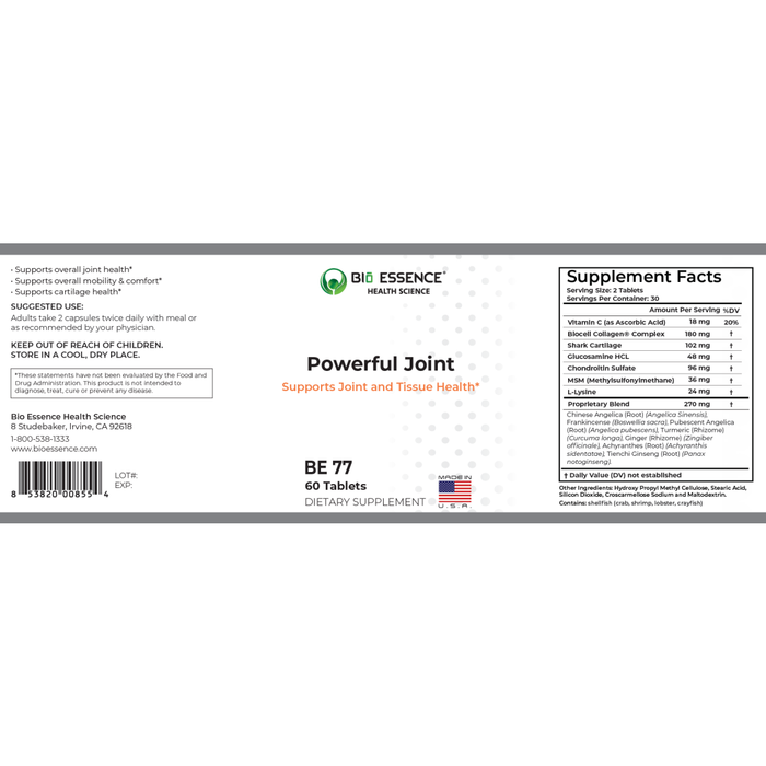 Bio Essence Health Science, Powerful Joint 60 Tablets Supplement Facts Label