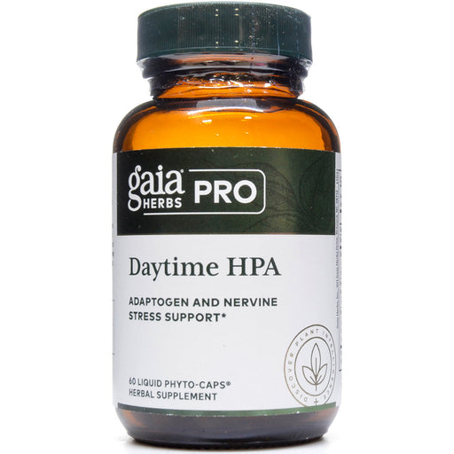 A bottle of Gaia Herbs Pro Daytime HPA adaptogen and nervine stress support dietary supplement in capsules.