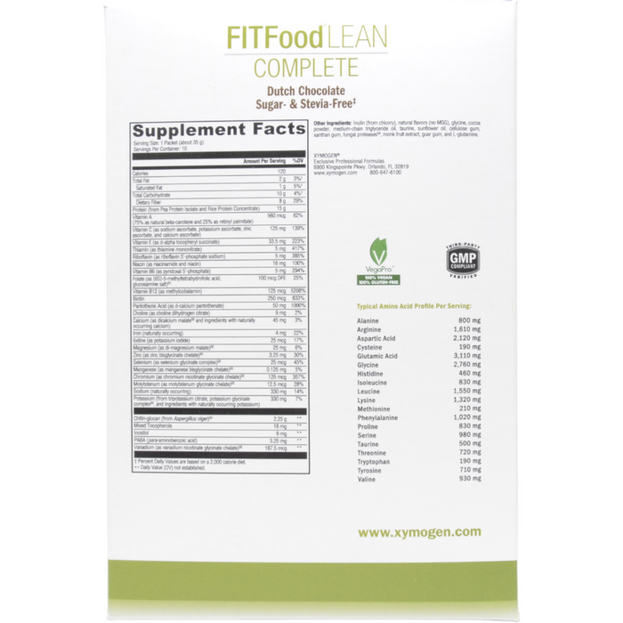 Xymogen, FIT Food Lean Complete: Dutch Chocolate (Sugar- & Stevia-Free) 10 Servings Supplement Facts