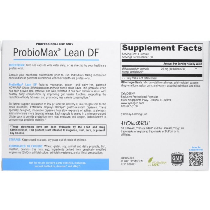 Xymogen, ProbioMax Lean DF 30 Capsules Supplement Facts