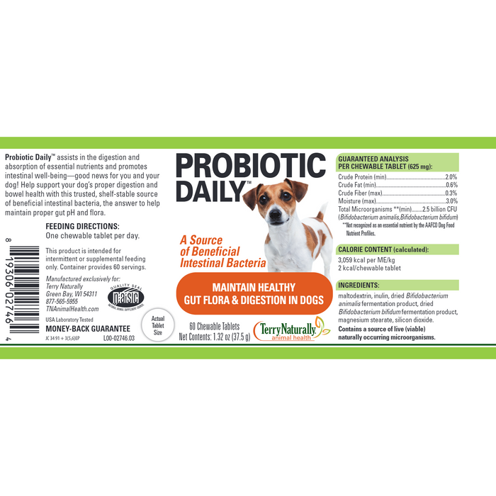 Terry Naturally, Probiotic Daily 60 Chewable Tablets Product Facts Label