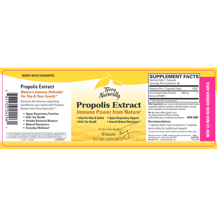Terry Naturally, Propolis Extract 60 Capsules Supplement Facts Label