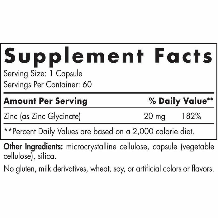 Zinc Glycinate 20 mg 60 caps by Nordic Naturals Supplement Facts Label