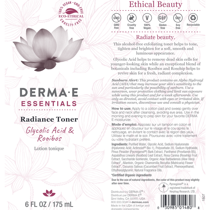DermaE Natural Bodycare, Radiance Toner 6 Fl. Oz. Label