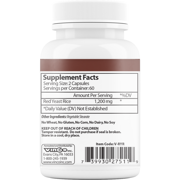 Vinco, Red Yeast Rice 120 caps Supplement Label