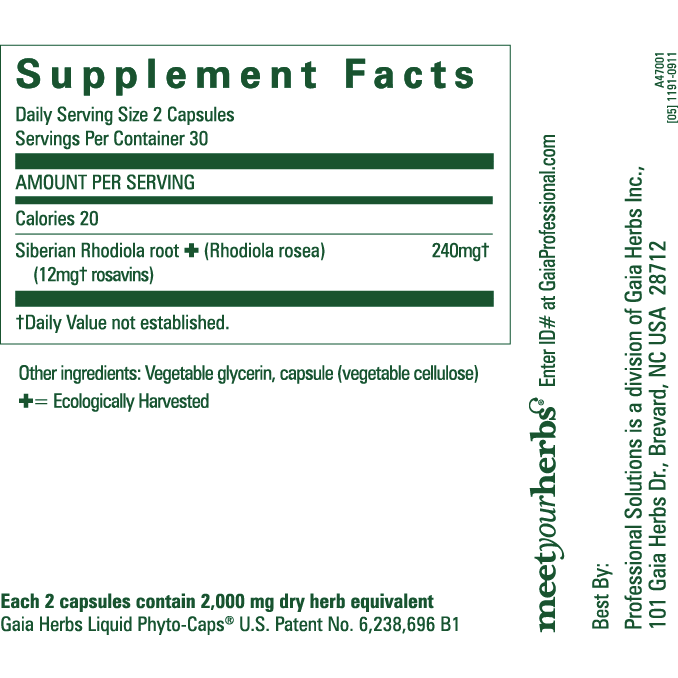 Rhodiola Rosea 60 Liquid Phyto-Caps by Gaia Herbs Supplement Facts Label