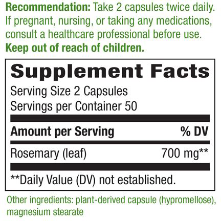 Rosemary Leaves 100 caps by Nature's Way Supplement Facts Label