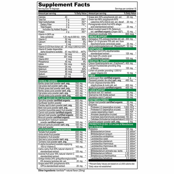 Green Vibrance 240 vegcaps supplement facts label