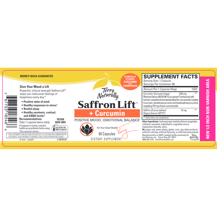 Terry Naturally, Saffron Lift + Curcumin 60 Capsules Supplement Facts Label