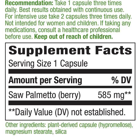 Saw Palmetto Berries 585 mg 100 caps by Nature's Way Supplement Facts Label