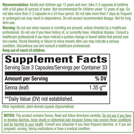 Senna Leaf 100 vcaps by Nature's Way Supplement Facts Label