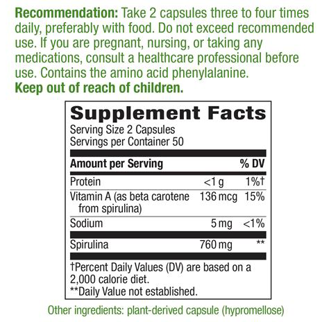 Spirulina 380 mg 100 caps by Nature's Way Supplement Facts