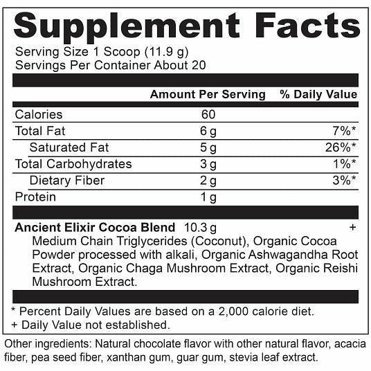 Ancient Nutrition, Ancient Elixirs Superfood Cocoa 8.4 oz. Supplement Facts Label
