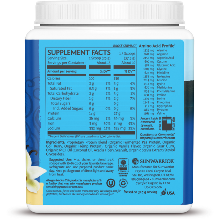 Supplement Facts, Sunwarrior, Warrior Blend Vanilla 15 Servings