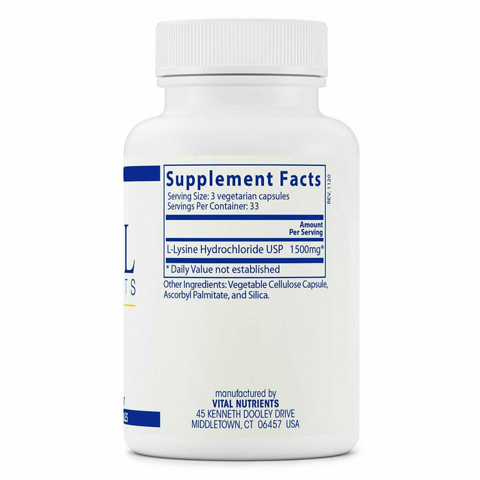 L-Lysine 500 mg 100 caps by Vital Nutrients Supplement Facts Label