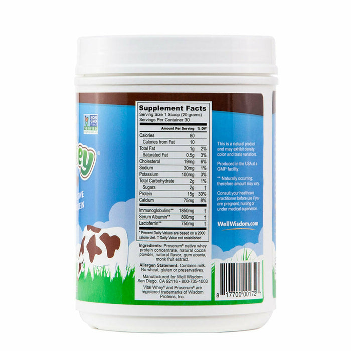 Well Wisdom, Vital Whey Natural Cocoa 21 oz Supplement Facts Label