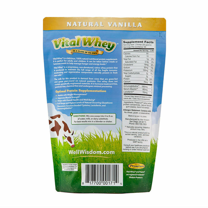 Well Wisdom, Vital Whey Natural Vanilla 2.5 lbs Supplement Facts Label