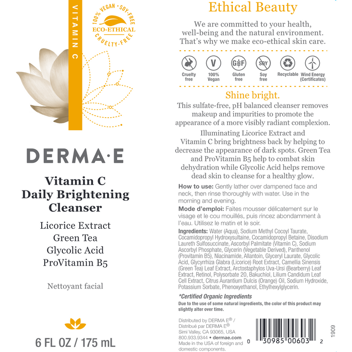 DermaE Natural Bodycare, Vitamin C Brightening Cleanser 6 Fl. Oz. Label