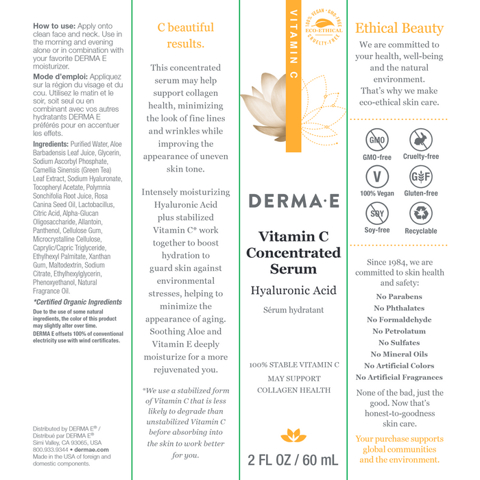 DermaE Natural Bodycare, Vitamin C Concentrated Serum 2 Fl. Oz. Label