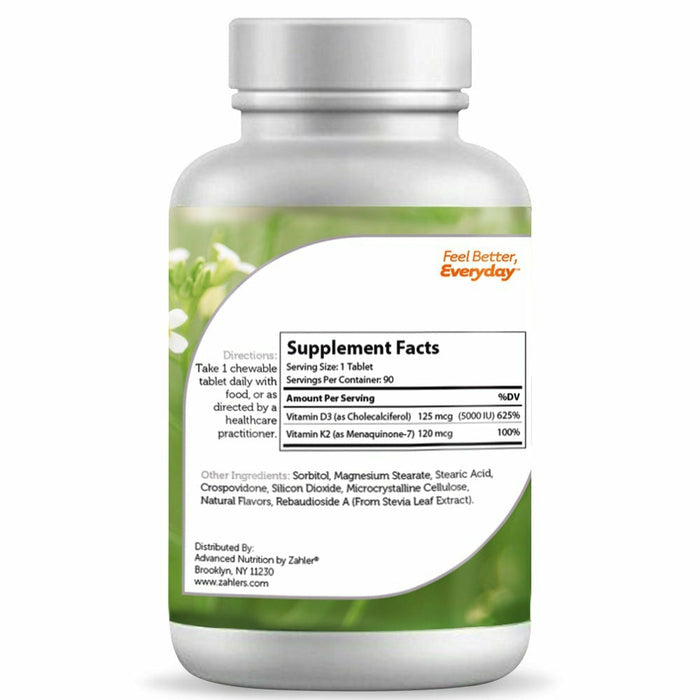 Advanced Nutrition by Zahler, Vitamin D3 & K2 Chewable 90 Tablets Supplement Facts Label