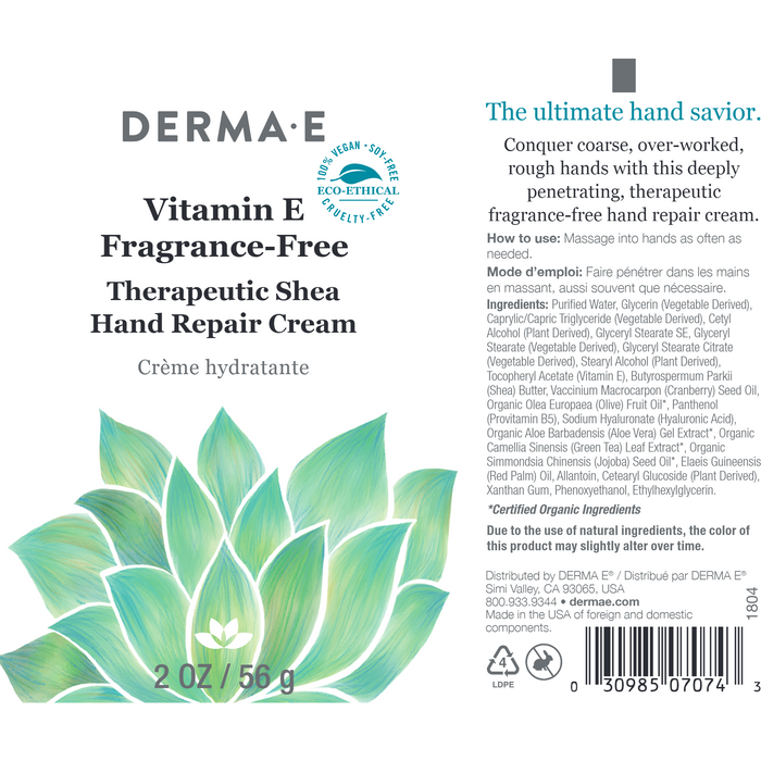 DermaE Natural Bodycare, Vitamin E Fragrance-Free Shea Hand Repair Cream 2 oz Label