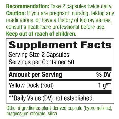 Yellowdock Root 500 mg 100 caps by Nature's Way Supplement Facts Label