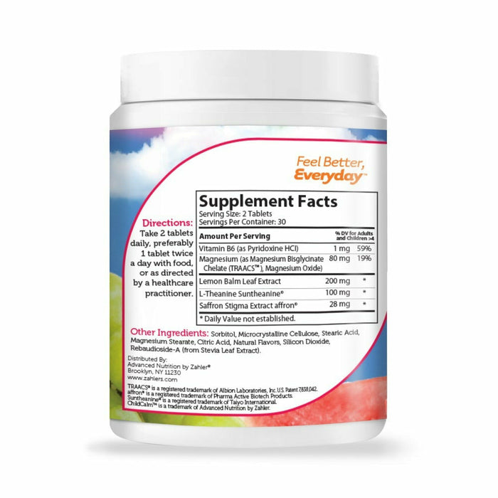 Advanced Nutrition by Zahler ChildCalm 60 chewable tablets supplement facts label