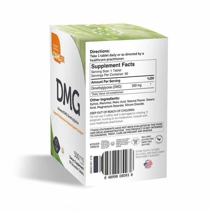 Advanced Nutrition by Zahler DMG 500 mg 90 chewable tablets box side panel
