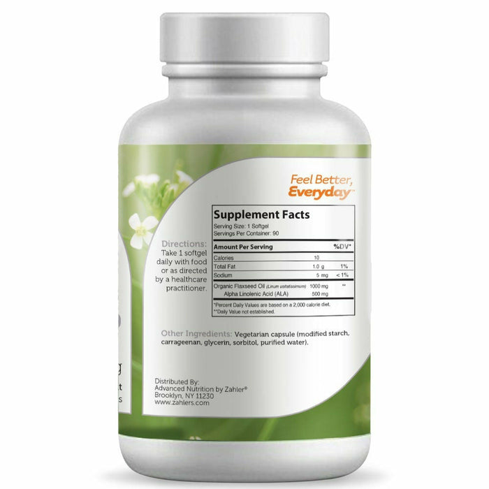 Advanced Nutrition by Zahler Flaxseed Oil 1000 mg 90 softgels supplement facts label
