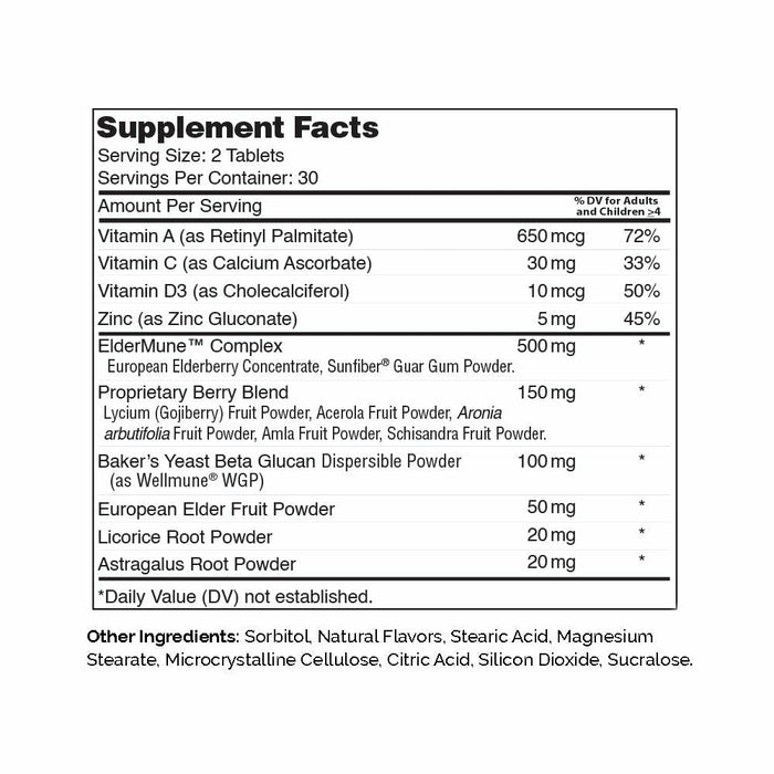 Advanced Nutrition by Zahler ImmuniKid 60 chewable tablets supplement facts label