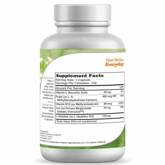 Advanced Nutrition by Zahler Iron Complex 100 capsules supplement facts label