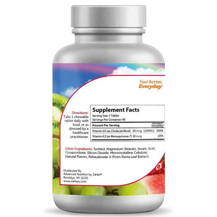 Advanced Nutrition by Zahler Junior D3 and K2 90 chewable tablets supplement facts label
