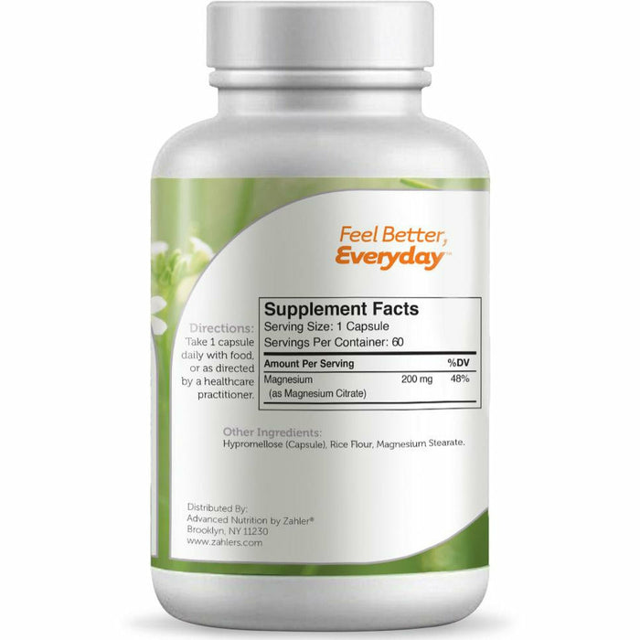 Advanced Nutrition by Zahler Magnesium Citrate 200 mg 60 capsules supplement facts label