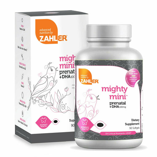 Advanced Nutrition by Zahler Mighty Mini Prenatal + DHA, 90 softgels, front of bottle with box